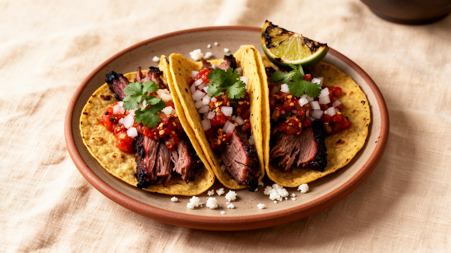 Three Crown Tacos brisket street tacos with fresh salsa, white onion and cilantro on a clay plate